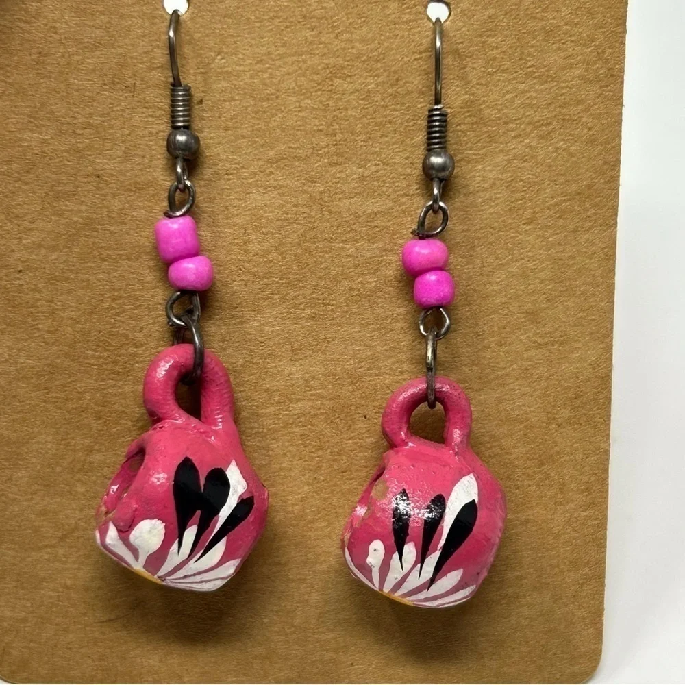 Small Hand-painted Pink White Daisy Floral Mug Dangle Earrings Silver Tone Hook